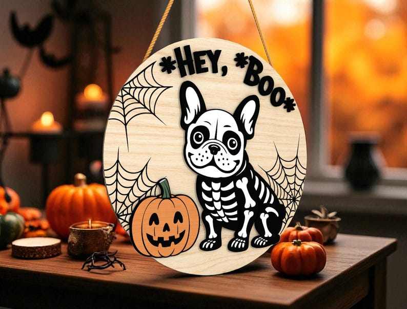 Hey Boo Skeleton Hey Boo Dog Skeleton Door Hanger SVG, Halloween Bulldog Sign SVG, Cute ...