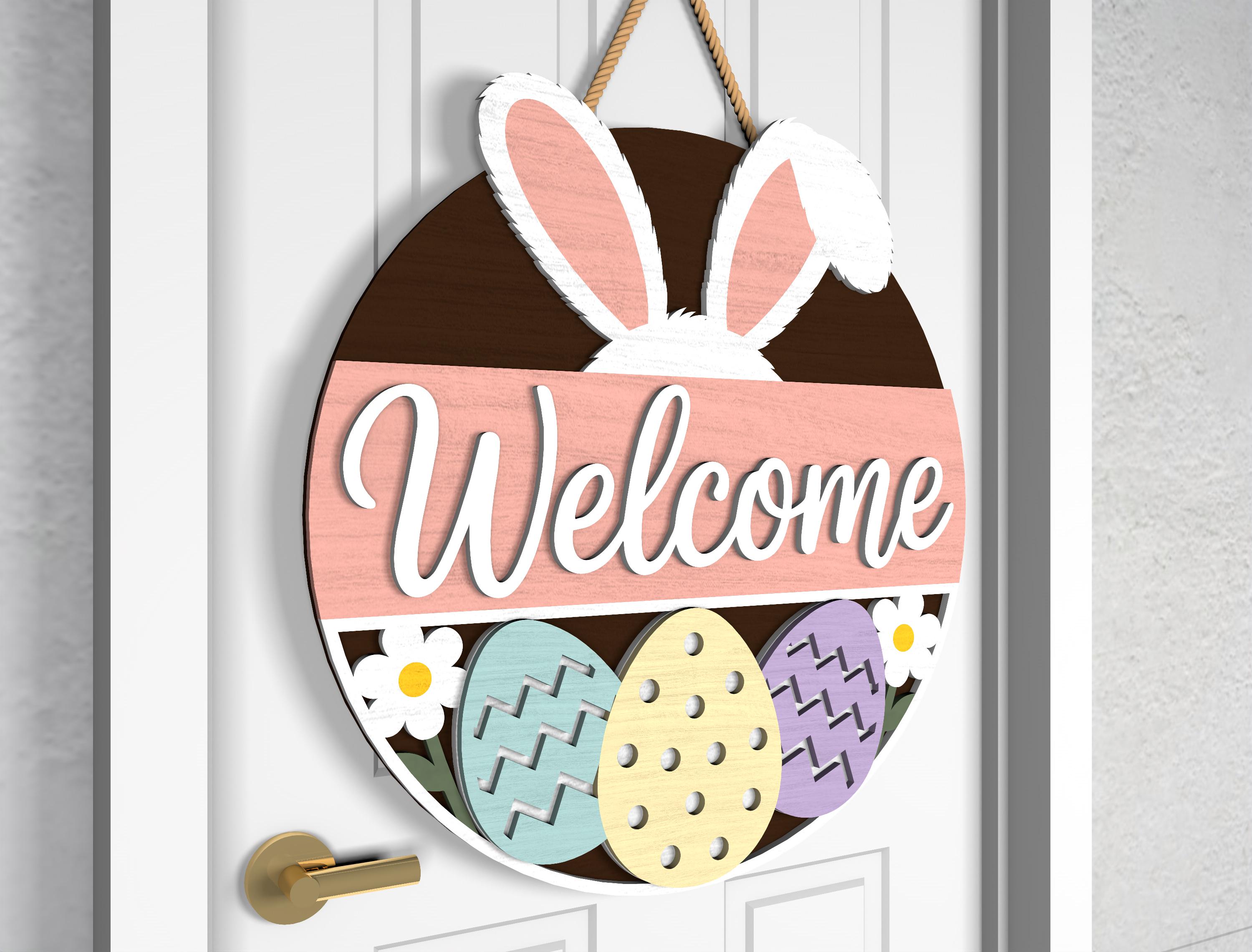 Easter Door Hanger SVG Bundle, Welcome Bunny Ears Egg Pattern & Bunnies ...