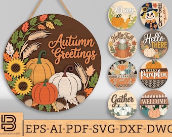 Fall Door Hanger SVG Bundle, Hello Fall Welcome sign svg, Autumn Pumpkin with quotes Door Sign Laser Cut Files, Cricut, Glowforge svg files