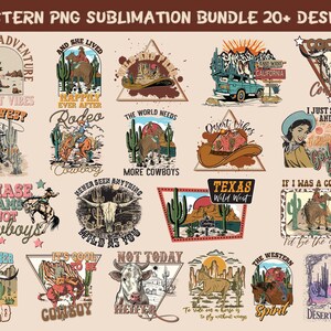 May include: A collection of 20+ western-themed sublimation designs featuring cowboys, horses, cacti, and desert landscapes. The designs include phrases like "Wild West", "Desert Vibes", "Cool It Cowboy", and "Texas Wild West".