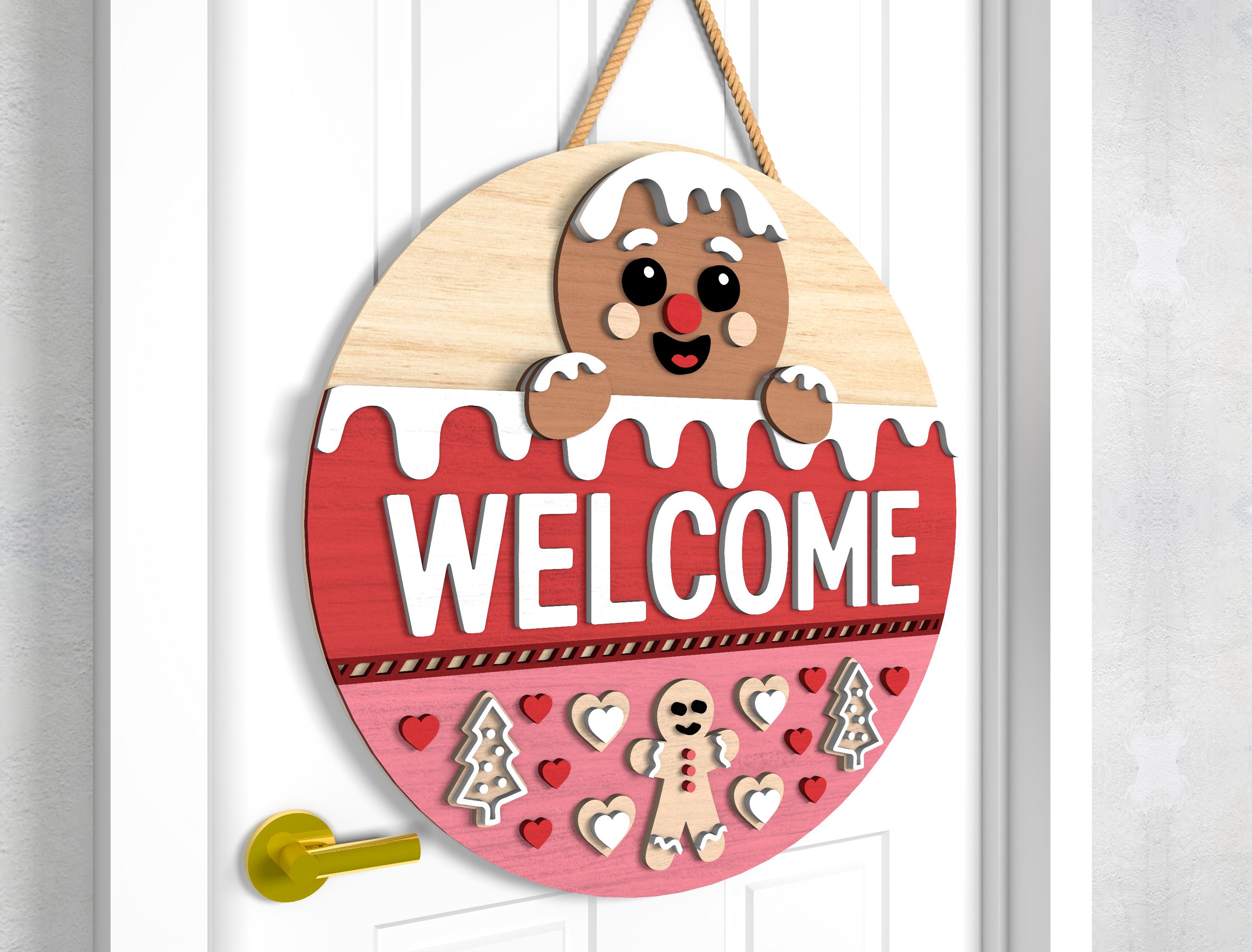 Christmas Door Sign SVG, Gingerbread Welcome Round Sign & Cute Xmas ...