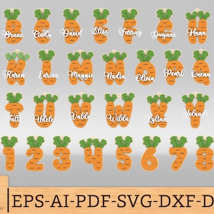 Etiqueta de cesta de Pascua con forma de zanahoria SVG, archivo cortado con láser Etiqueta de nombre personalizada con forma de zanahoria, etiquetas de zanahoria con letras personalizadas, archivo digital con iniciales de Pascua