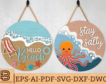 Stay Salty Octopus Sign svg, Hello Beach teken svg, strandhuis welkomstbord svg, Ocean Door hanger svg, Glowforge svg-bestanden, lasergesneden bestanden
