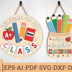 Placa personalizada de sala de aula com lápis e pote de vidro SVG, placa de volta às aulas SVG, placa de boas-vindas para professores, arquivos recortados a laser, arquivos SVG Glowforge
