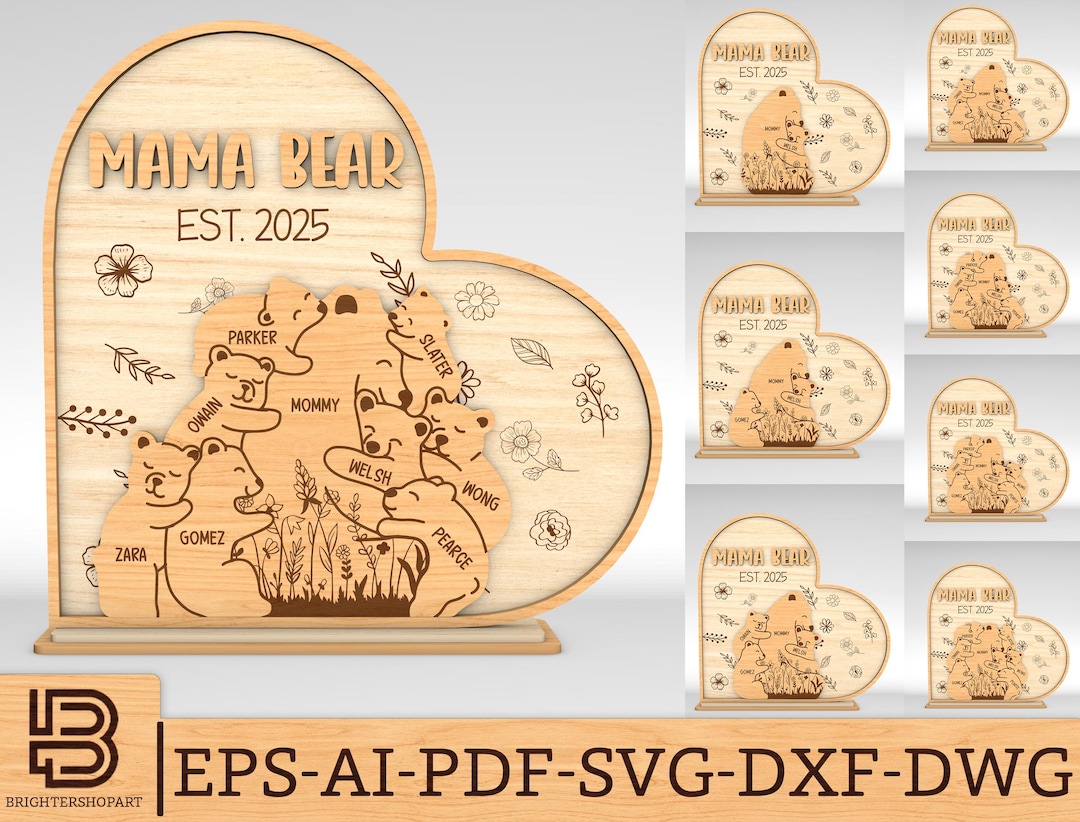 Personalized Mama Bear Heart Stand Decor SVG, Mama Bear and Baby