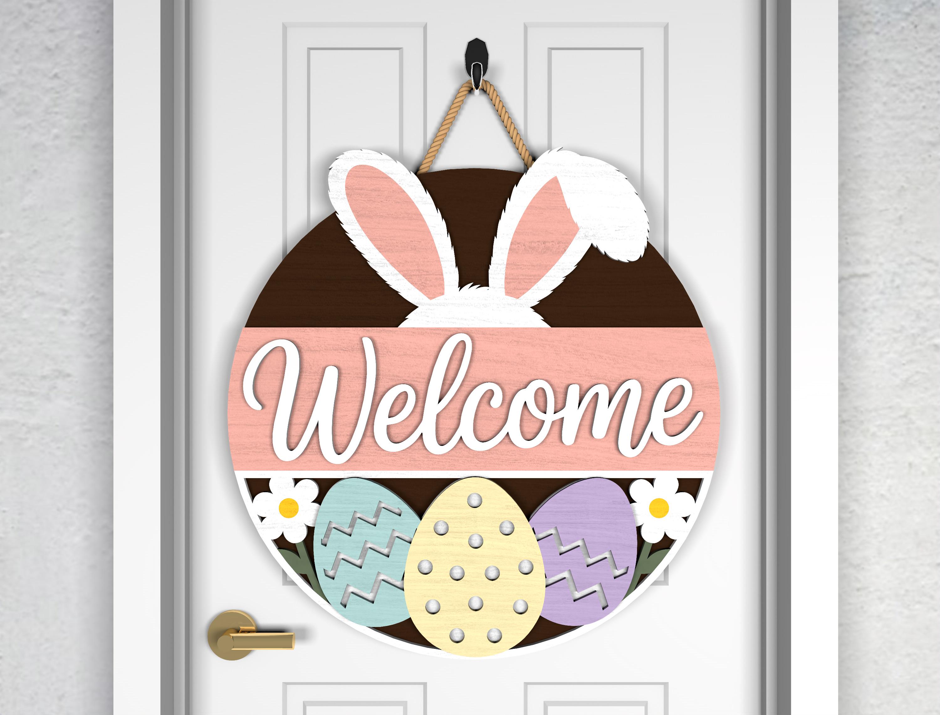Easter Door Hanger SVG Bundle, Welcome Bunny Ears Egg Pattern & Bunnies ...