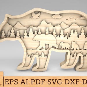 Multilayer Bear Art svg, Mama bear svg, Mountain scene svg, 8 layer art piece, Laser cut files, Glowforge svg files