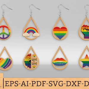 May include: Set of eight rainbow-themed earring designs. The designs include a peace sign, a rainbow, a heart, a fist, a sunflower, lips, a star, and a rainbow with the words "Love is Love".