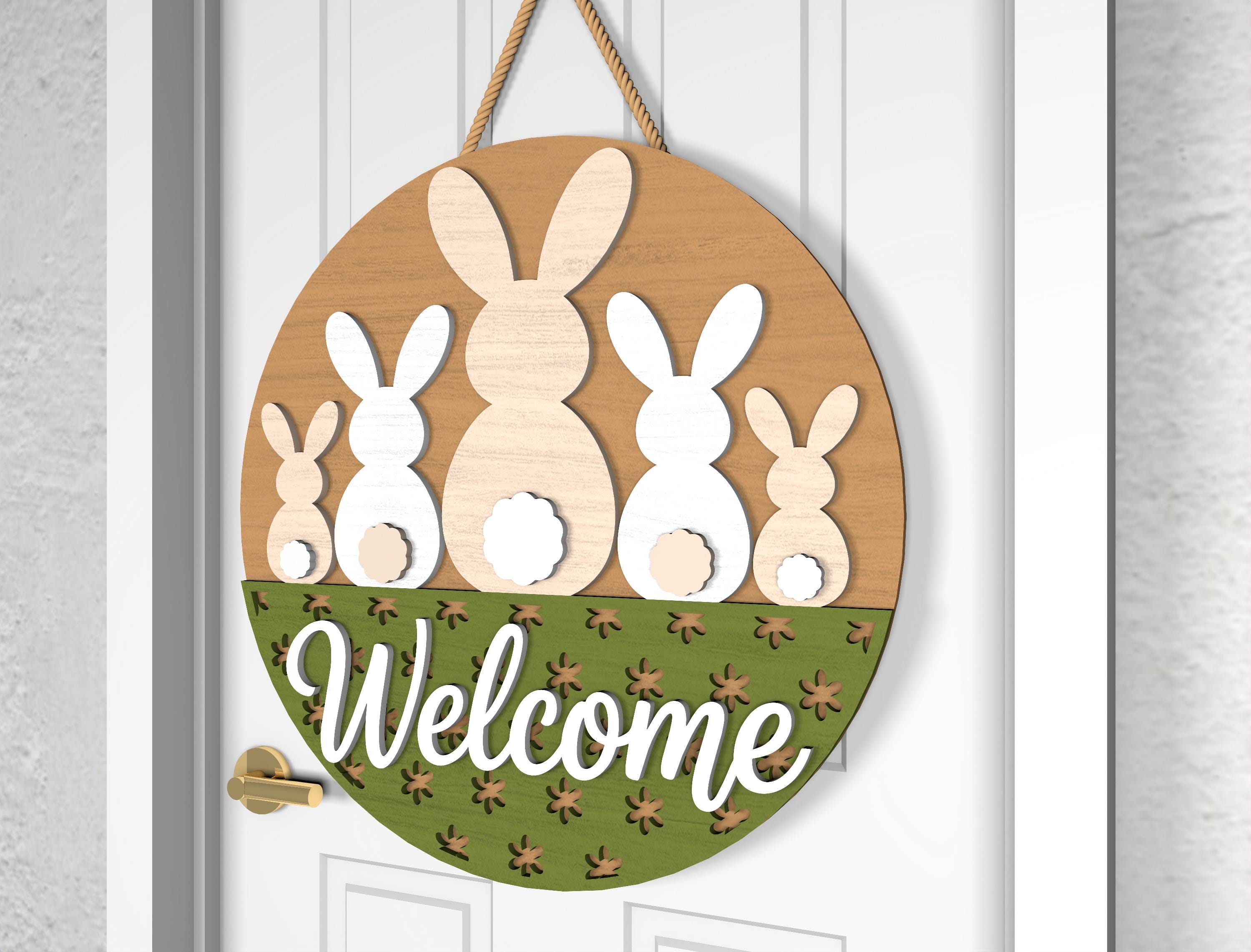 Easter Door Hanger SVG Bundle, Welcome Bunny Ears Egg Pattern & Bunnies ...