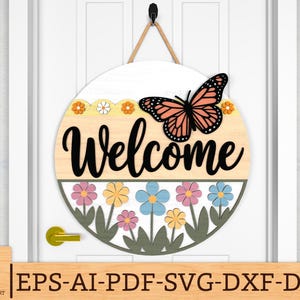 蝶のウェルカムサイン SVG、花柄ドアハンガー SVG、夏のドアサイン SVG、蝶のサイン SVG、Glowforge SVG ファイル、レーザーカット ファイル