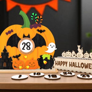 Halloween Countdown Sign Cutfile, Pumpkin with Bat, Ghost & Haunted Castle Svg, Wooden 3D Tabletop Countdown Decor,Days Until Halloween Sign