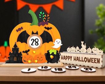 Archivo de corte de señal de cuenta regresiva de Halloween, calabaza con murciélago, fantasma y castillo encantado Svg, decoración de cuenta regresiva de mesa 3D de madera, señal de días hasta Halloween