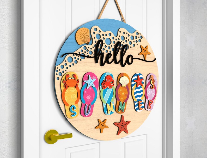 Hello Summer Flip Flop Round Door Hanger SVG, Beach House Welcome Sign ...