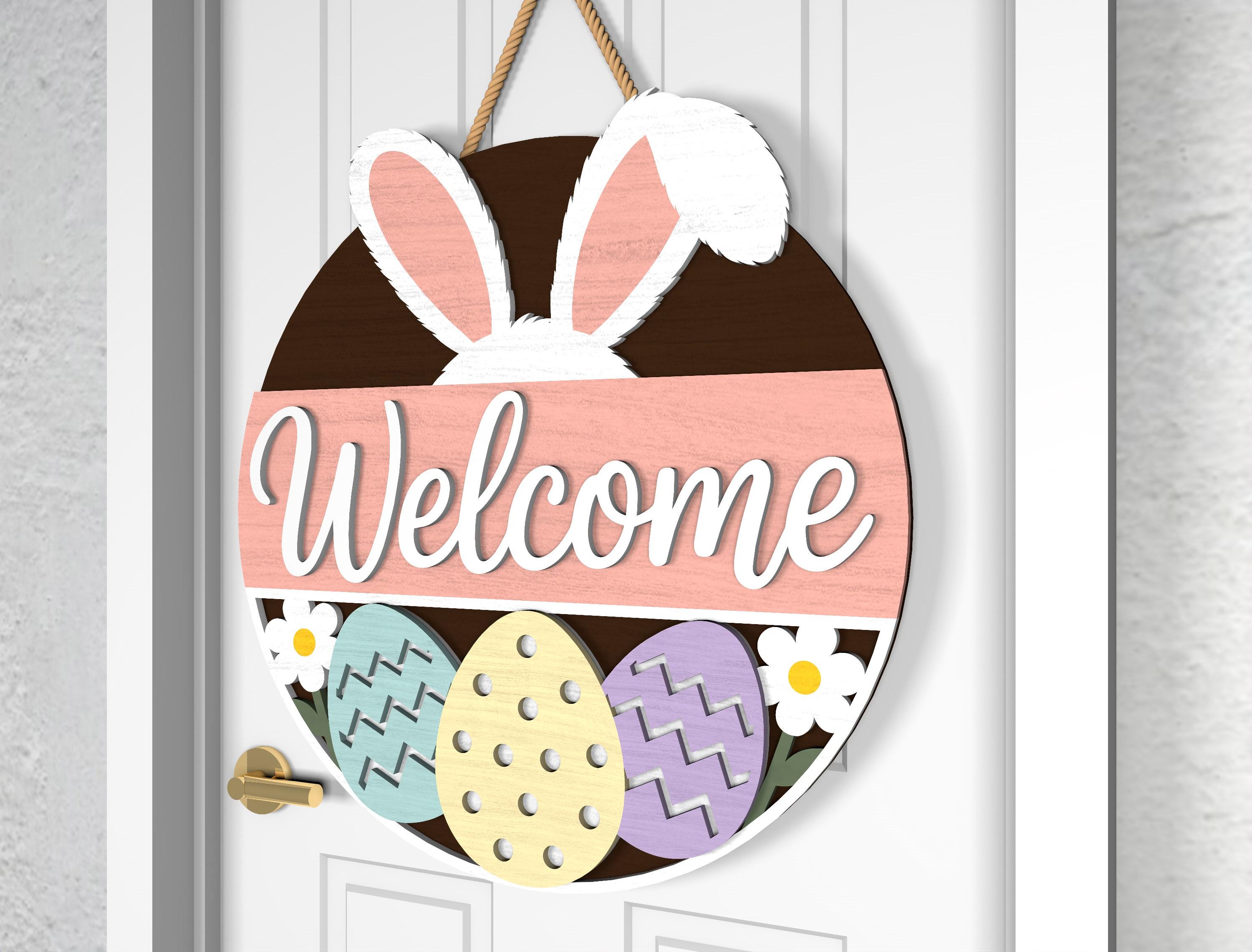 Easter Door Hanger SVG Bundle, Welcome Bunny Ears Egg Pattern & Bunnies ...