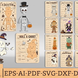 Peut inclure: Une collection de plateaux de jeu sur le thème d'Halloween et de pièces de puzzle en bois représentant des personnages comme un squelette, un fantôme, une momie et un vampire. Les planches incluent du texte comme Roll a Skeleton et Roll a Ghost.