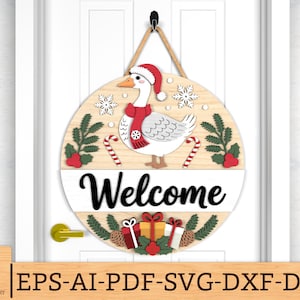 Christmas Goose Door Sign SVG, Winter Welcome Sign with Gifts & Candy Canes Laser Cut Files, Farmhouse Decor svg, Glowforge svg files