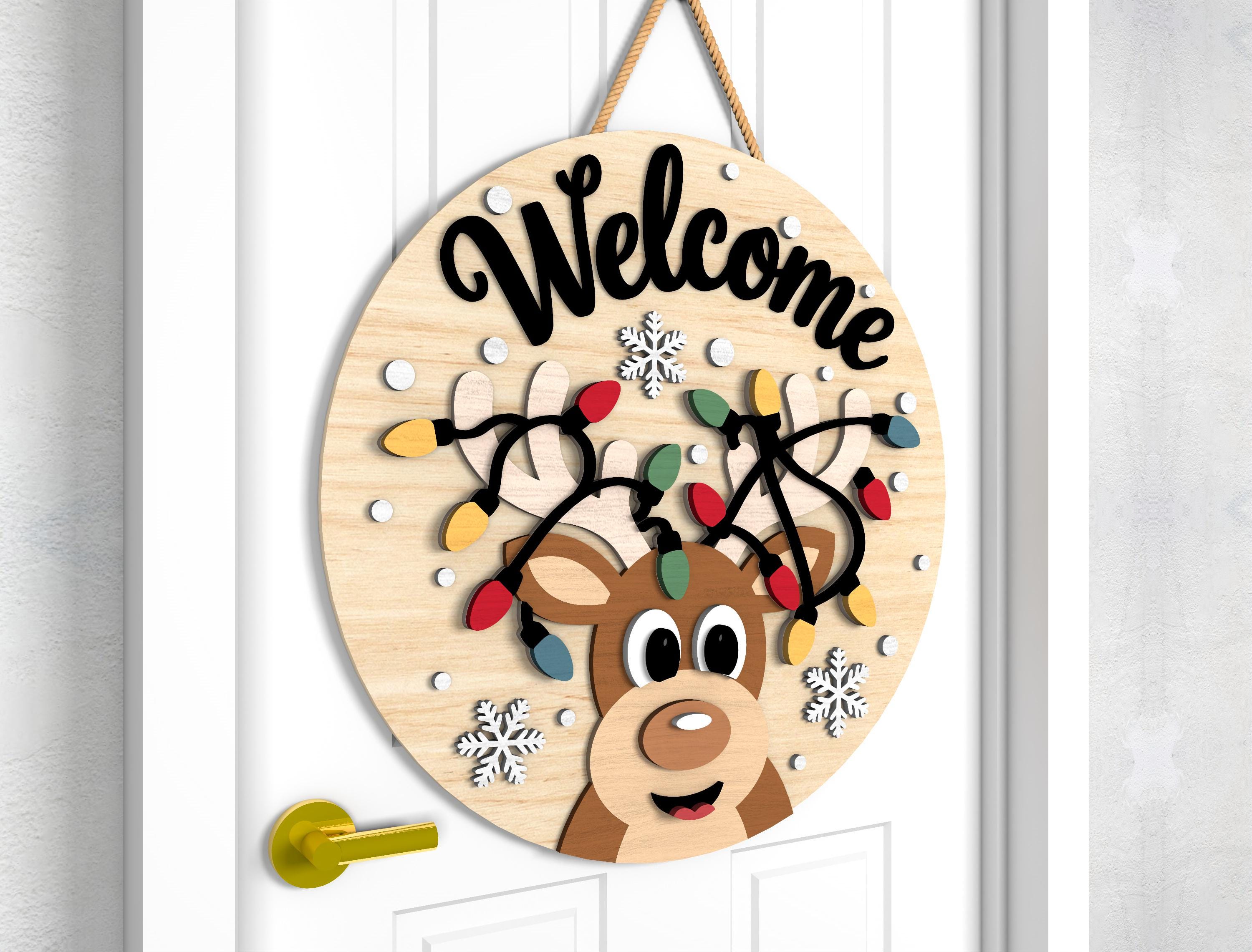 Christmas Door Hanger Svg Bundle, Reindeer With Lights Welcome Sign Svg ...