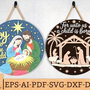 Christian Christmas Door Sign svg bundle, Nativity Scene Joy to the World & For Unto Us Door Hanger Laser Cut Files, Glowforge svg files