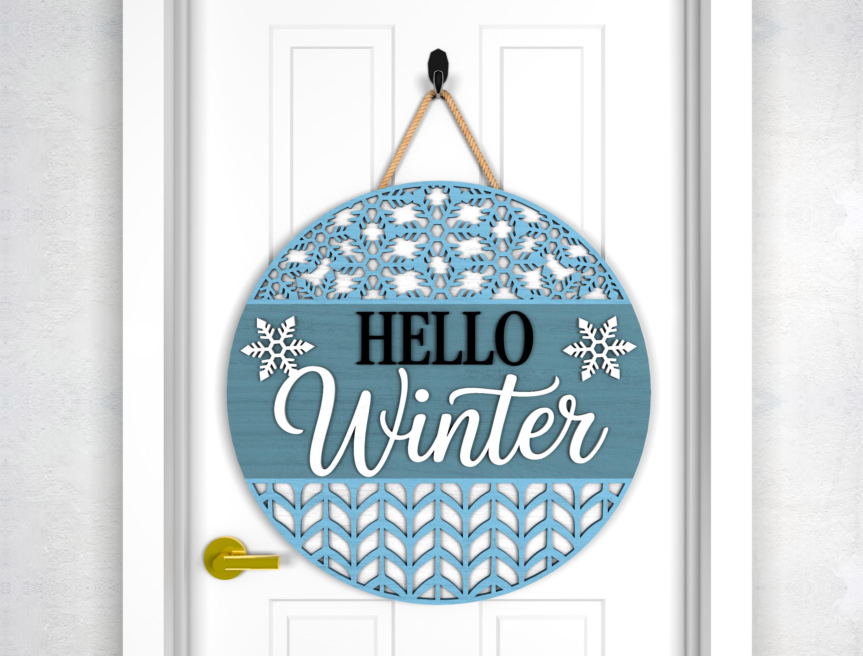 Let It Snow and Hello Winter Door Sign Svg, Snowman and Snowflake Round ...