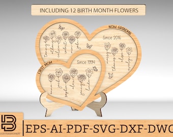 Personalized Birth Month Flowers Double Heart Sign SVG, First Mom Now Grandma svg, Gift for Mom, Mothers Day Gifts svg, Glowforge svg files