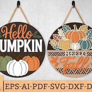 Hello Pumpkin Hello Fall Door Hanger SVG Bundle, Warstwowe pliki wycinane laserowo na drzwi z napisem Fall Door Sign, Dekoracja ganku z dynią i jesienią SVG, Pliki SVG Glowforge