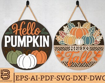 Hello Pumpkin Hello Fall Door Hanger SVG Bundle, Layered Fall Door Sign Laser Cut Files, Pumpkin Autumn Porch Decor svg, Glowforge svg files