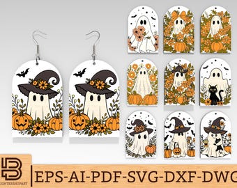 Cute Ghost, Floral Ghost Laser Engraved Earrings svg, Boho Halloween Earrings svg, Glowforge SVG Files, Digital File