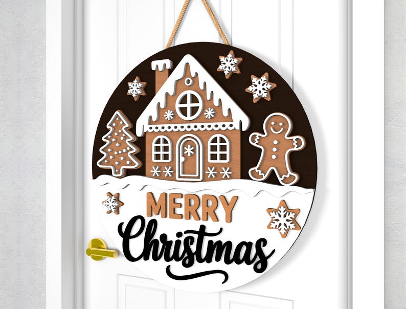 Gingerbread House Christmas Door Hanger Svg, Holiday Holly Round Wood ...