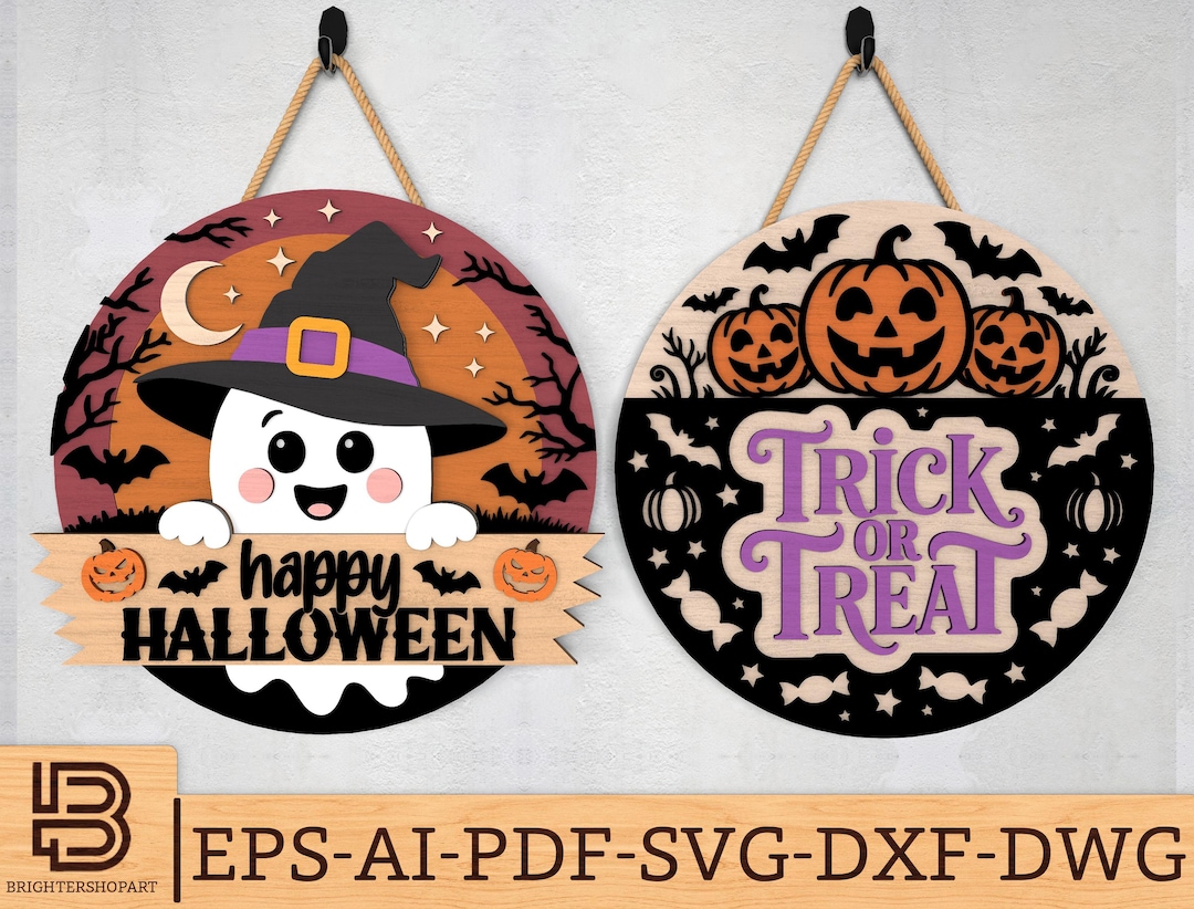 Halloween Door Hanger Svg, Cute Ghost With Witch Hat & Pumpkin Trick or ...