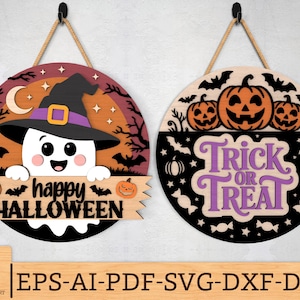 May include: Two Halloween-themed wooden signs. One features a ghost wearing a witch hat with the text "happy HALLOWEEN". The other sign says "Trick or Treat" with pumpkins and bats. Both signs are round and have a rope for hanging.