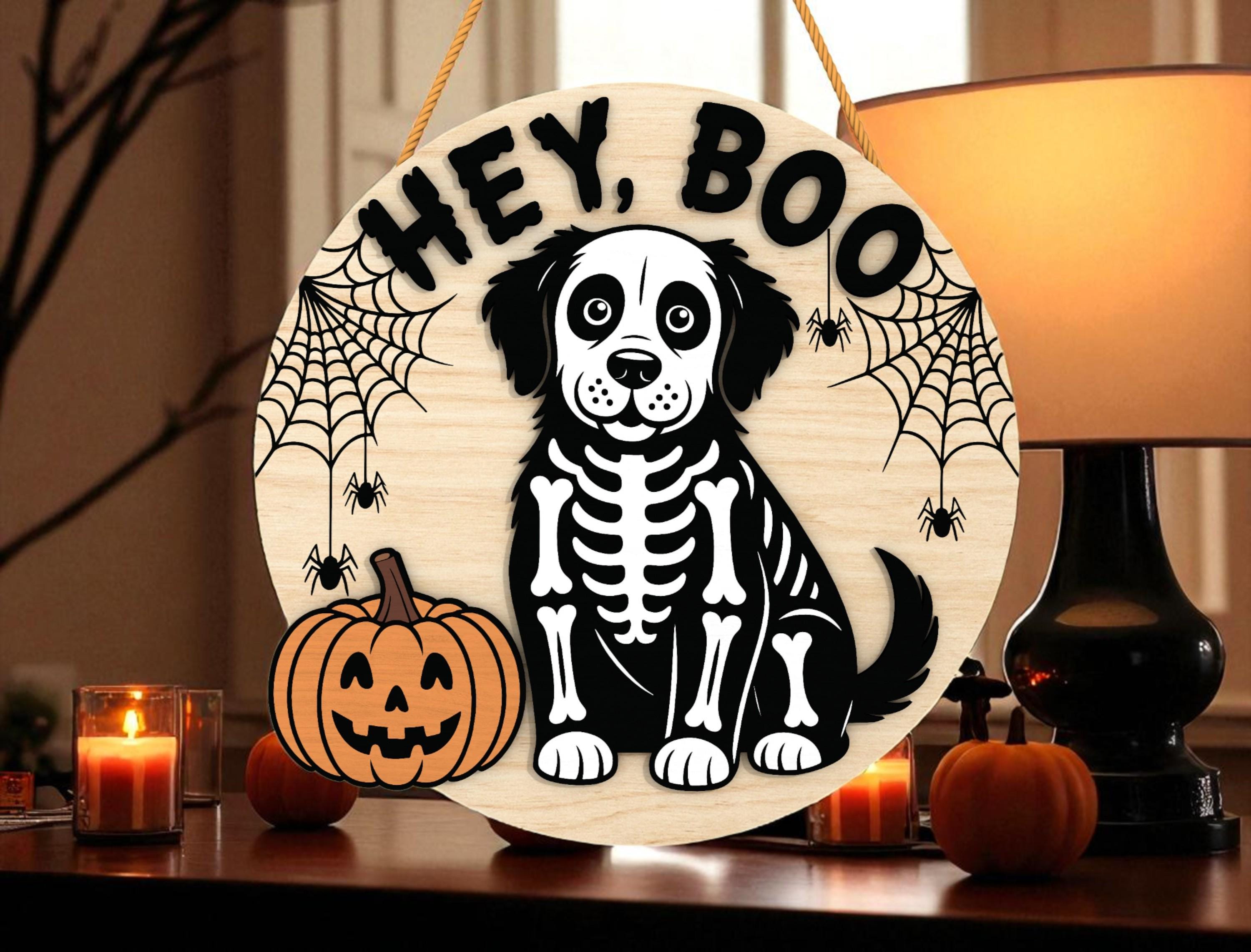 Hey Boo Skeleton Hey Boo Dog Skeleton Door Hanger Svg,cute Puppy Pumpkin Spider Web Door ...