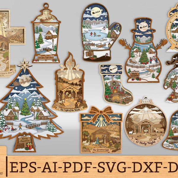 Multilayer Christmas SVG Bundle, 3D Layered Nativity, Christmas Tree, Santa Claus, Snowman, Ornament Laser Cut Files, Glowforge SVG File
