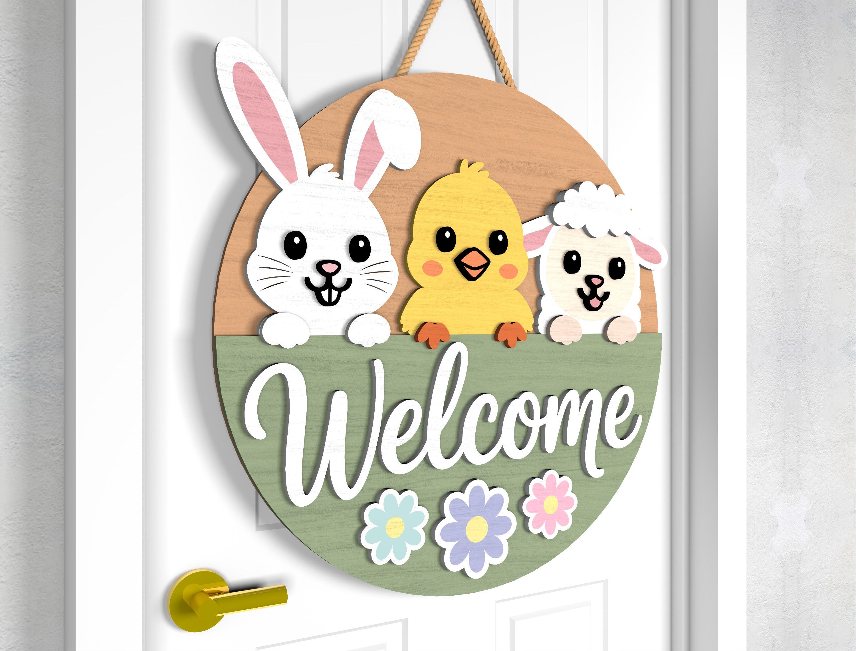 Easter Door Hanger SVG Bundle, Welcome & Hop on in Bunny Chick Lamb ...