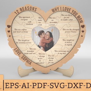 Spersonalizowany stojak dekoracyjny 12 powodów, dla których Cię kocham, mama SVG, prezent dla mamy, prezenty na Dzień Matki SVG, pliki SVG Glowforge, pliki cięte laserowo