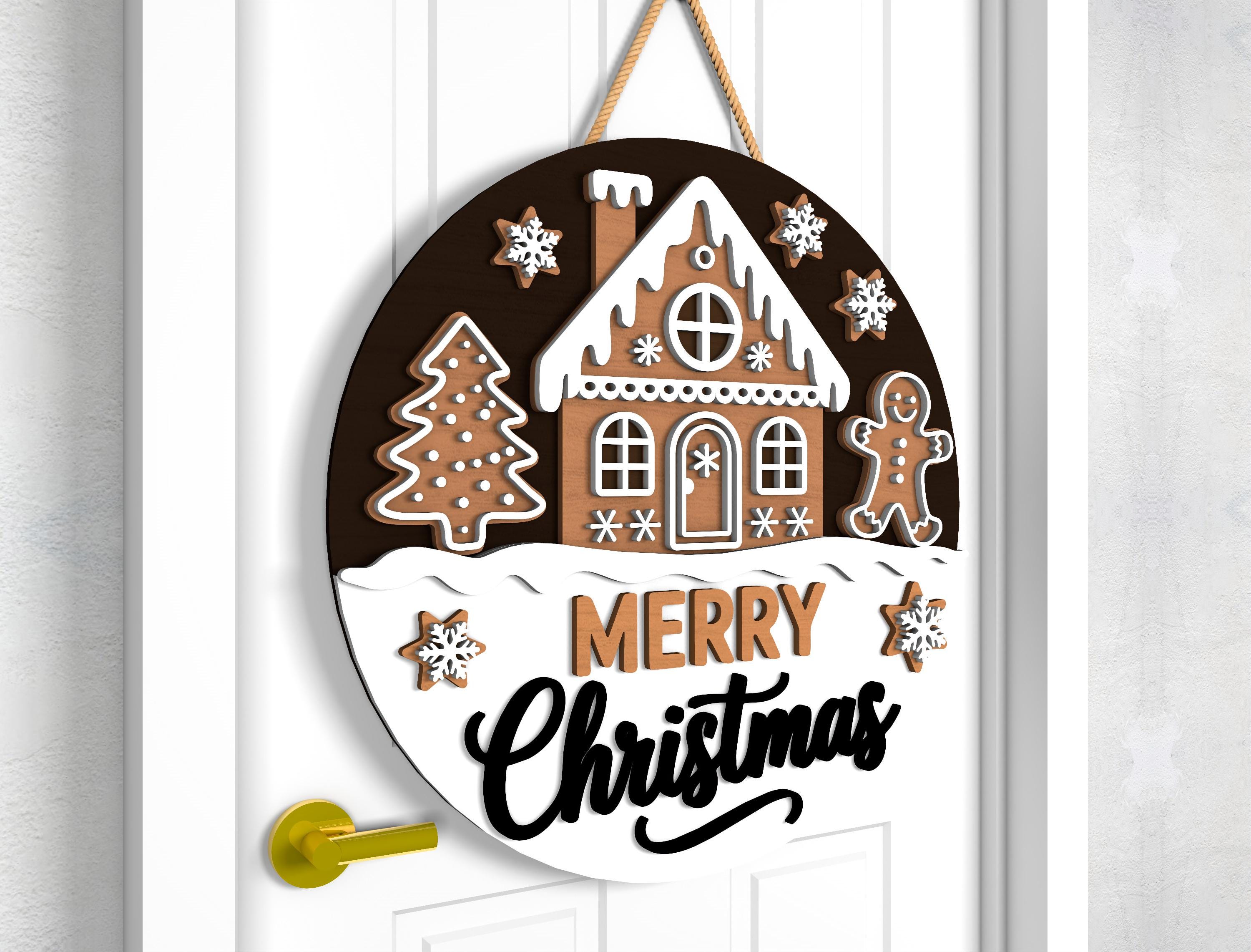 Gingerbread House Christmas Door Hanger Svg, Holiday Holly Round Wood ...