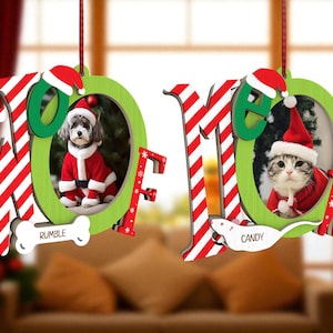 May include: Two Christmas ornaments with the word "NOEL" in red and white striped letters. One features a dog in a Santa suit, the other a cat in a Santa suit. The dog ornament has the name "RUMBLE" and the cat ornament has the name "CANDY".