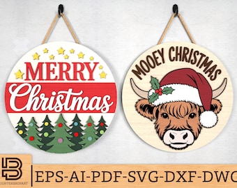 Christmas Door Hanger SVG, Funny Mooey Cow & Trees and Stars Door Sign svg, Farmhouse Holiday Decor Laser Cut Files, Glowforge svg files