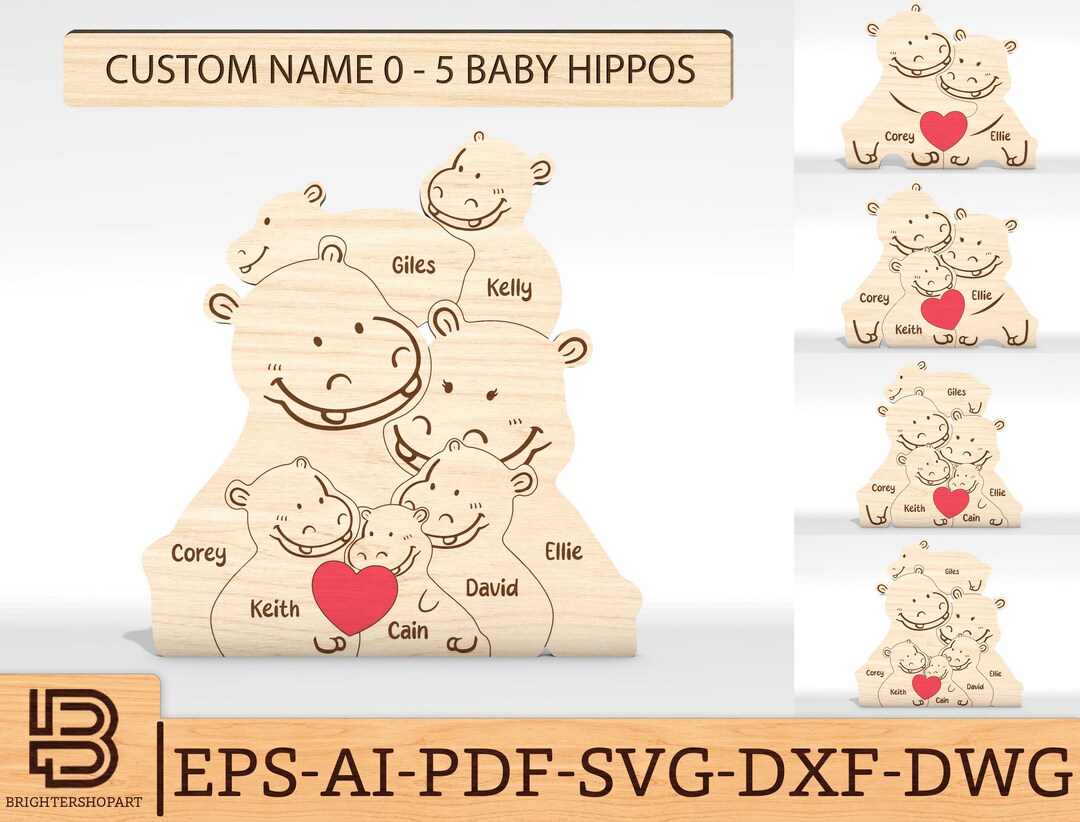 Personalized Hippo Family Puzzle SVG, Hippo Puzzle Pieces Svg
