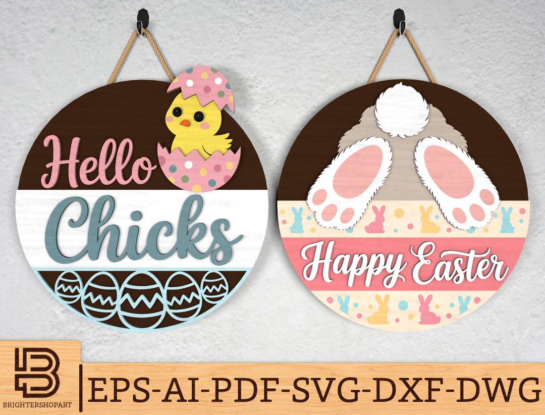 Easter Door Hanger SVG Bundle, Happy Easter Bunny & Hello Chicks Easter ...
