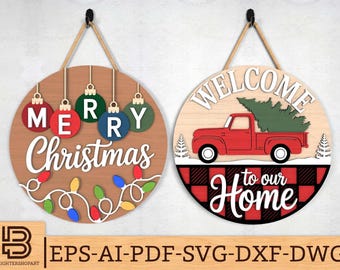 Christmas Door Sign svg Bundle, Christmas Bauble & Red Truck Tree Farmhouse Door Hanger svg, Christmas Laser Cut Files, Glowforge svg files