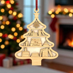 Adorno para árbol de Navidad (archivo SVG), adorno para amantes de los libros, archivo de corte láser de Feliz Navidad, Glowforge SVG, estantería de madera con adorno para árbol de Navidad (Svg)