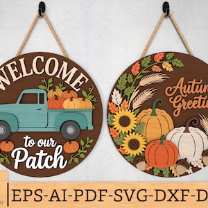 Fall Truck Welcome Sign SVG, Autumn Greetings Round Door Hanger Laser Cut Files, Pumpkin Sunflower Porch Sign SVG Bundle,Glowforge svg files