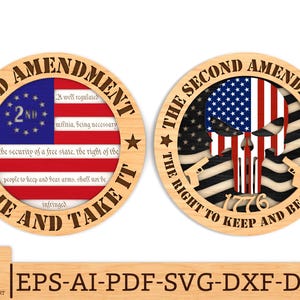 May include: Two wooden round designs with the text "2ND AMENDMENT" and "THE SECOND AMENDMENT". One features an American flag design with text, the other a skull with an American flag design. The text "COME AND TAKE IT" and "THE RIGHT TO KEEP AND BEAR ARMS" are also included.