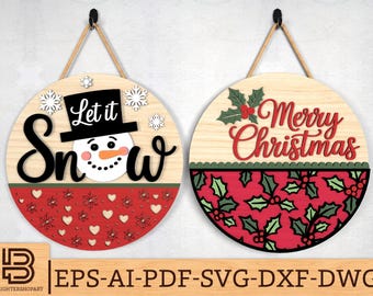 Pakiet SVG z okrągłym znakiem „Bałwan i ostrokrzew”, pliki wycinane laserowo do zawieszek na drzwi „Let It Snow” i „Wesołych Świąt”, dekoracje świąteczne w formacie SVG, pliki SVG Glowforge