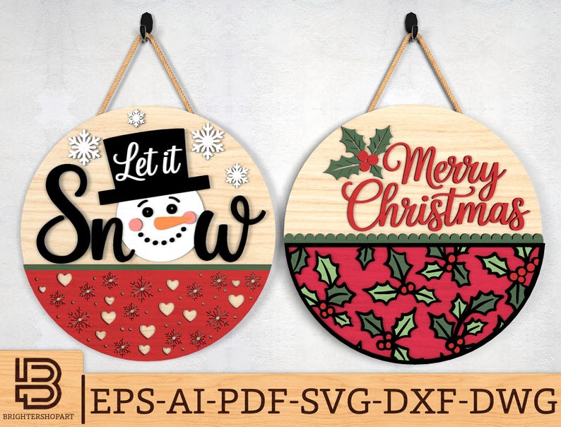 Snowman and Holly Round Sign SVG Bundle, Let It Snow & Merry Christmas ...