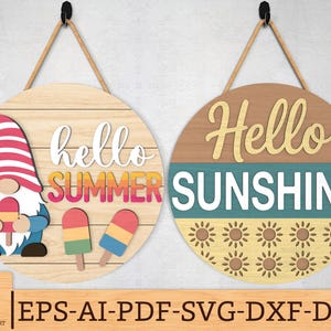 Hej sommar dörrskylt SVG-paket, Gnome-glass och Hej solsken rund skylt svg, sommardörrhängare laserskurna filer, Glowforge svg-filer