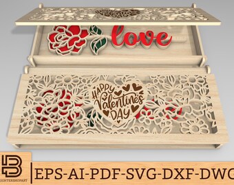 Valentines Day Box Gift with Rose SVG, Wooden Rose svg, Gift for Her, Valentines Day flower box svg, Laser cut files, Glowforge svg files