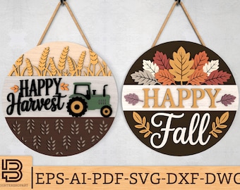 Happy Harvest Fall Sign SVG, Tractor and Wheat Farm Door Hanger svg, Happy Fall Leaves Sign Laser Cut Files,Autumn Decor,Glowforge svg files