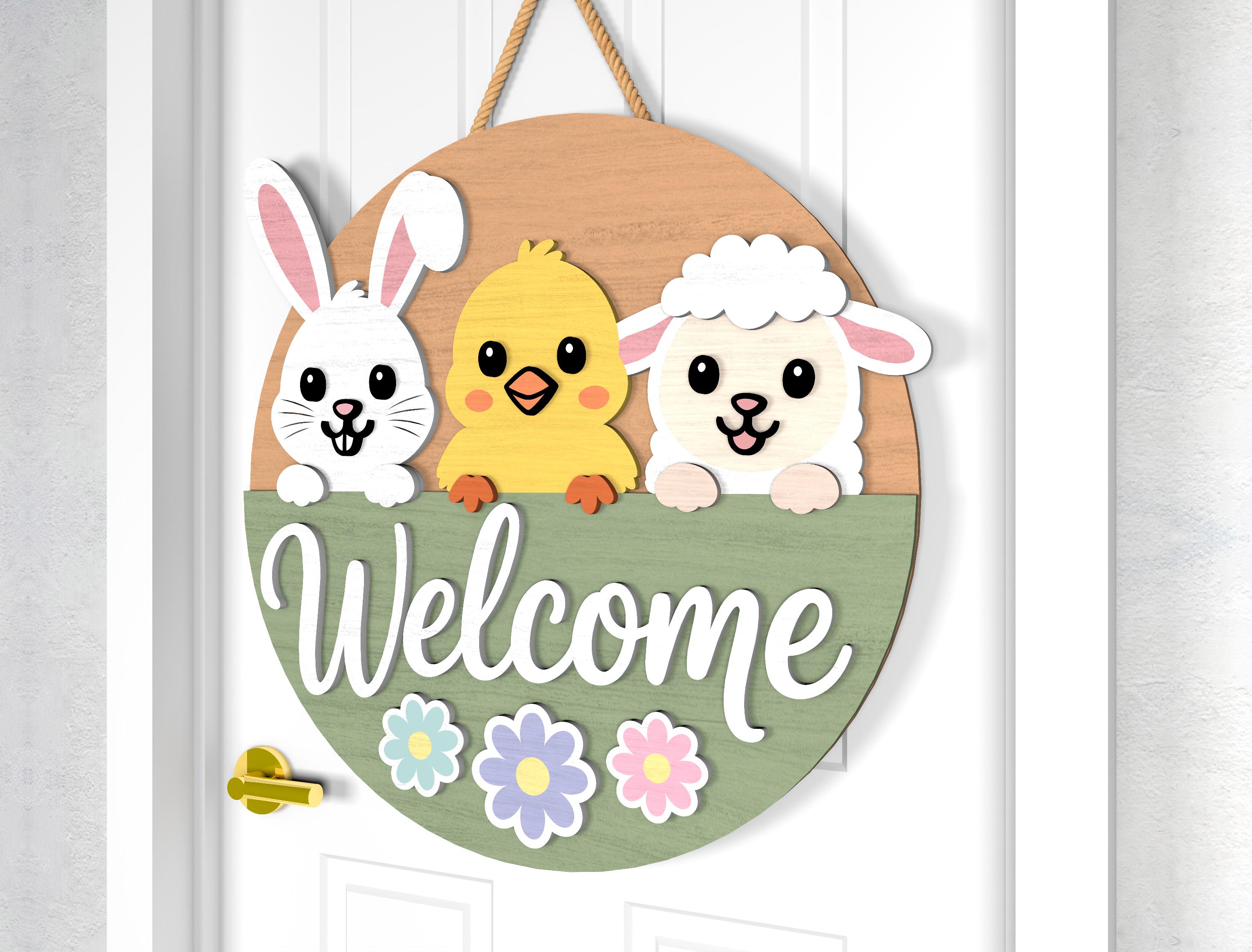 Easter Door Hanger SVG Bundle, Welcome & Hop on in Bunny Chick Lamb ...