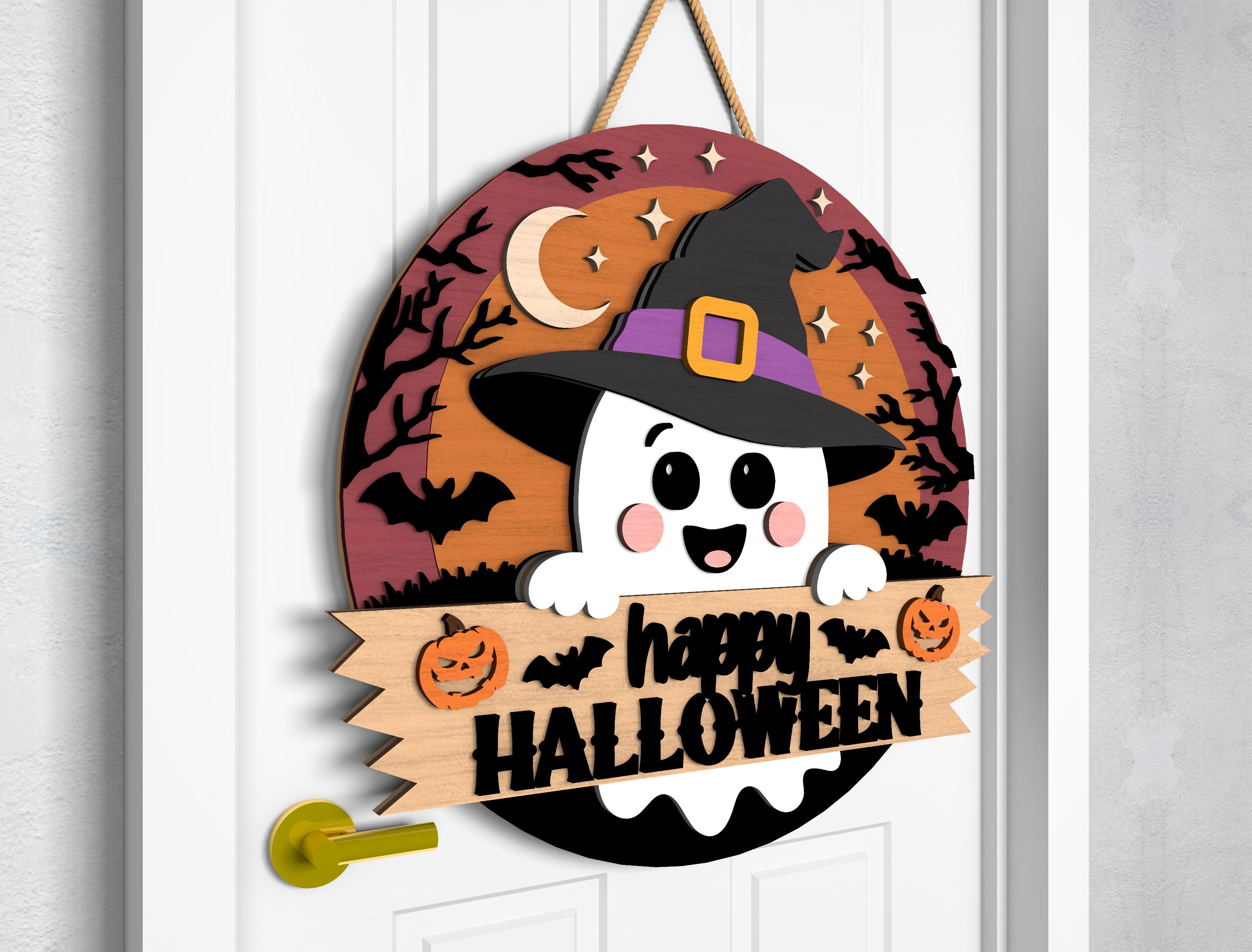 Halloween Door Hanger Svg, Cute Ghost With Witch Hat & Pumpkin Trick or ...
